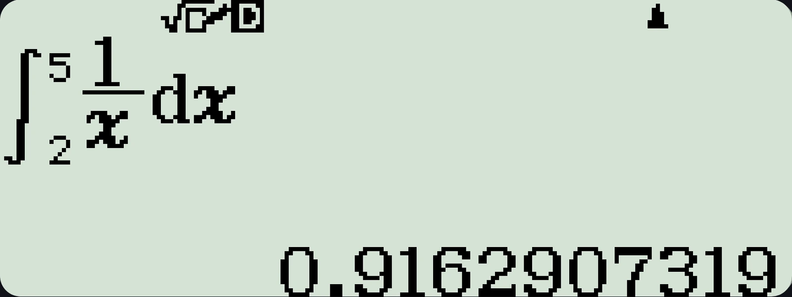 The emulator's Calculate mode LCD, showing the definite integral of 1 over x from 2 to 5 in natural display with real limits and a stacked fraction, evaluating to 0.9162907319.