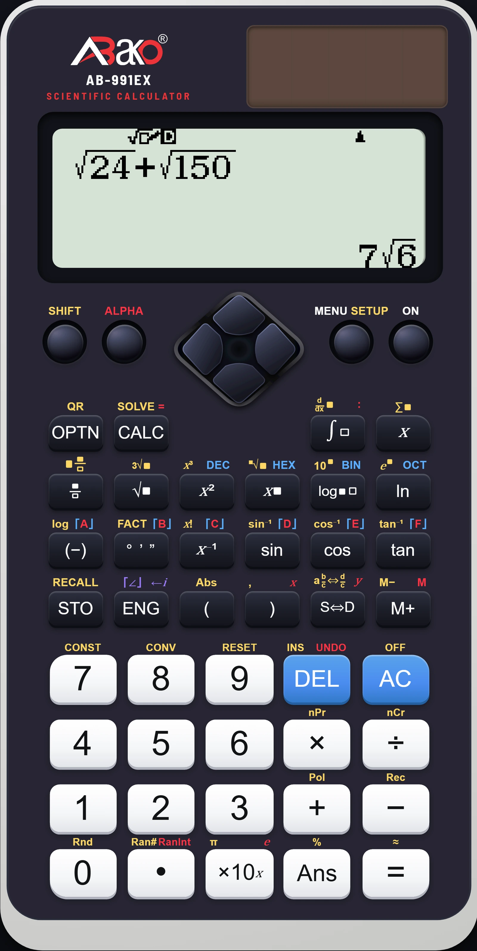The emulator's Calculate mode LCD, evaluating the square root of 24 plus the square root of 150 and showing the exact surd seven times the square root of six.