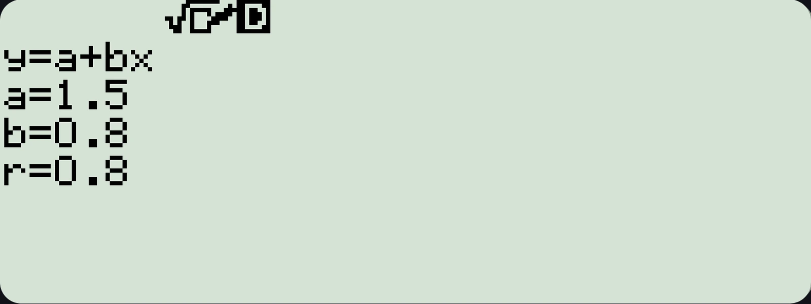 The emulator's Statistics mode LCD, running linear regression over four points and showing y equals a plus b x with a equals 1.5, b equals 0.8 and r equals 0.8.