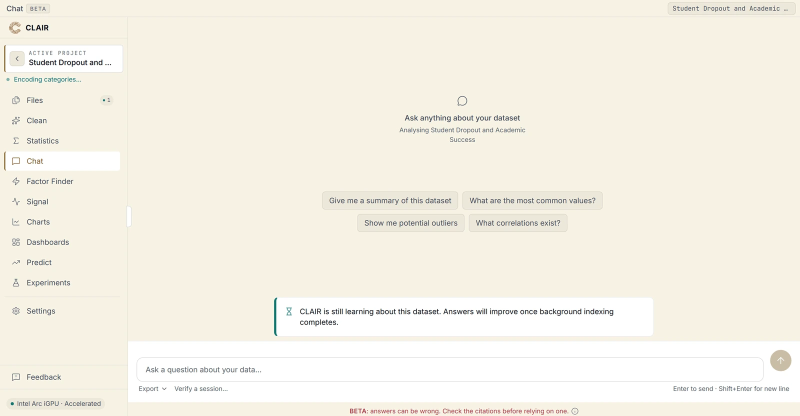 The CLAIR chat view, prompting a plain-English question about an uploaded dataset with a row of suggested starter questions.
