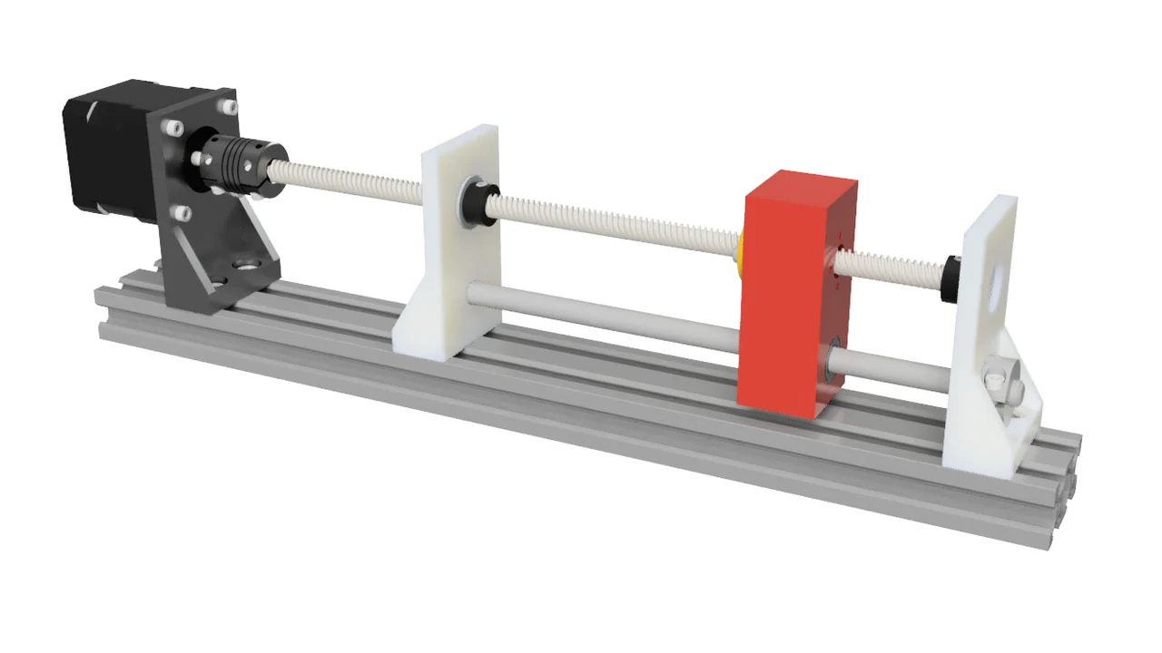 A CAD render of the mechanism on a plain background: a stepper motor, a flexible coupler, a lead screw, a carriage and two printed end plates on an aluminium extrusion.